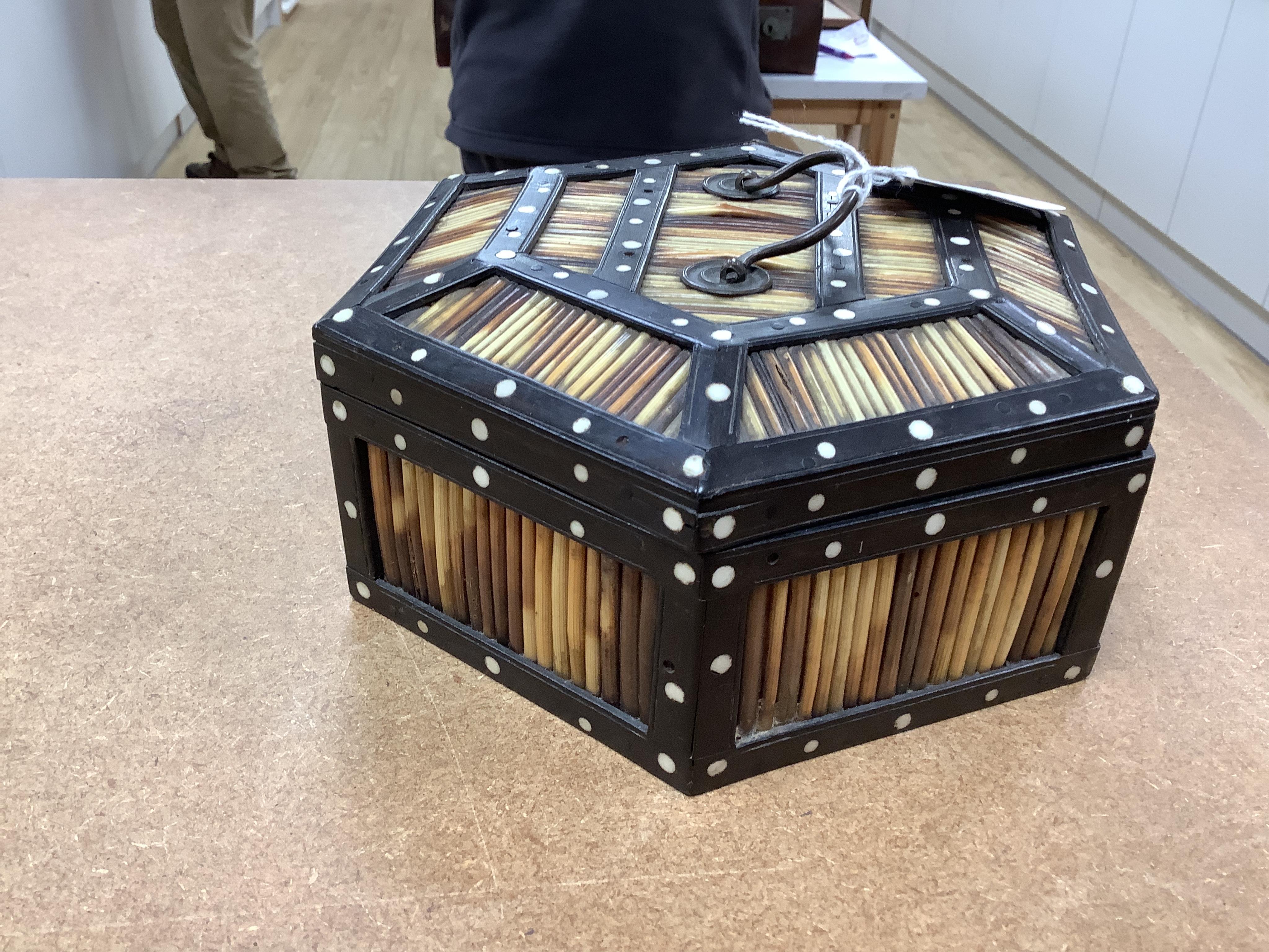 A late 19th century Ceylonese hexagonal quill box with bone inlay, 21cm wide